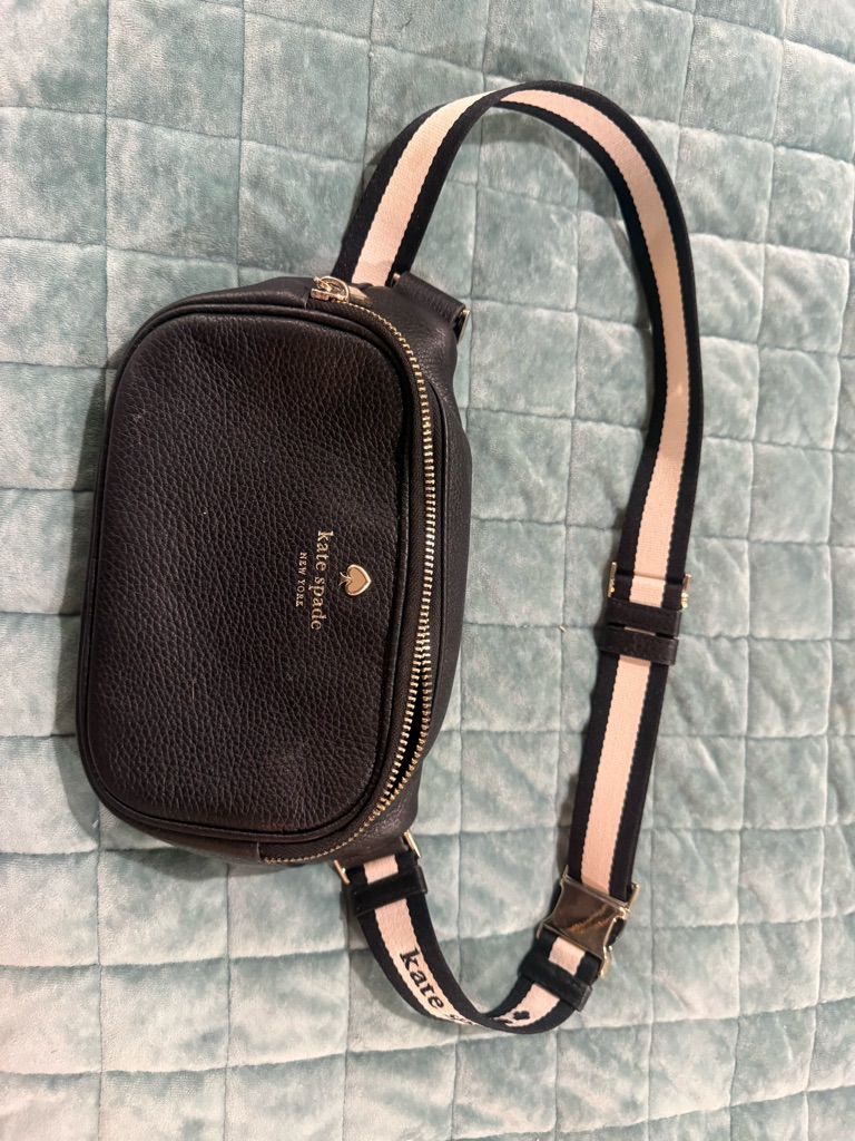 Kate Spade Black Pebbled Leather Belt Bag With Pink-Striped Strap